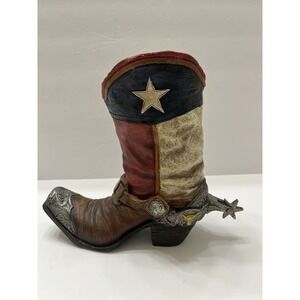Texas Lone Star Cowboy Boot Vase Red White Blue Brwn Resin Spur 8.5x10" Longhorn